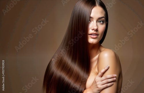 Gorgeous model with long shiny brown hair shows keratin treatment care. Woman smooth skin, beautiful smile. Studio photo captures beautiful brunette with sleek hair. Natural beauty, healthy hair