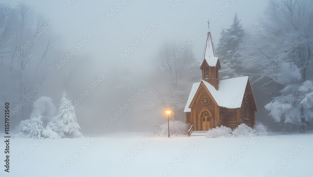 A tranquil wooden church enveloped in serene winter snow