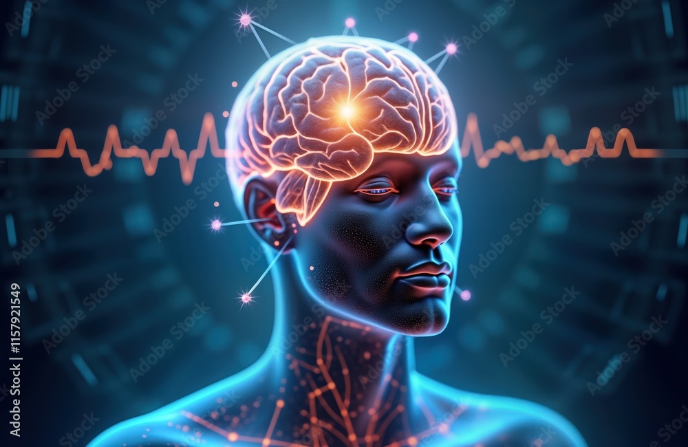 Obraz premium Human head with highlighted brain areas shows neurofeedback concept. Mindfulness meditation process for focus improvement. Digital illustration brain function. Healthy brain activity visualized.