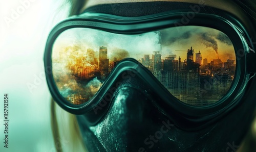 Masked face with a reflection of a polluted cityscape in the goggles, emphasizing air quality issues.