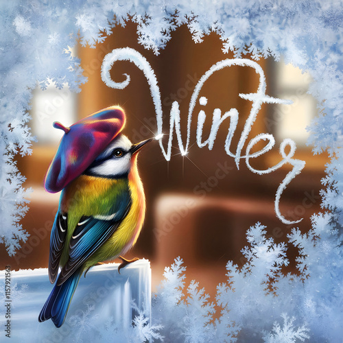 cute painter little bird wearing art hat painting with its beak a frozen text : winter to the window that is full of iceflowers winter art photo