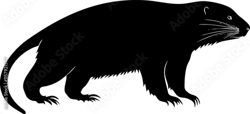 Black silhouette of a rodent with long tail on white background.