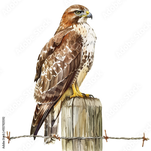 A watercolor vector painting of a hawk perched on a fence post, isolated on a white background. Hawk vector.
