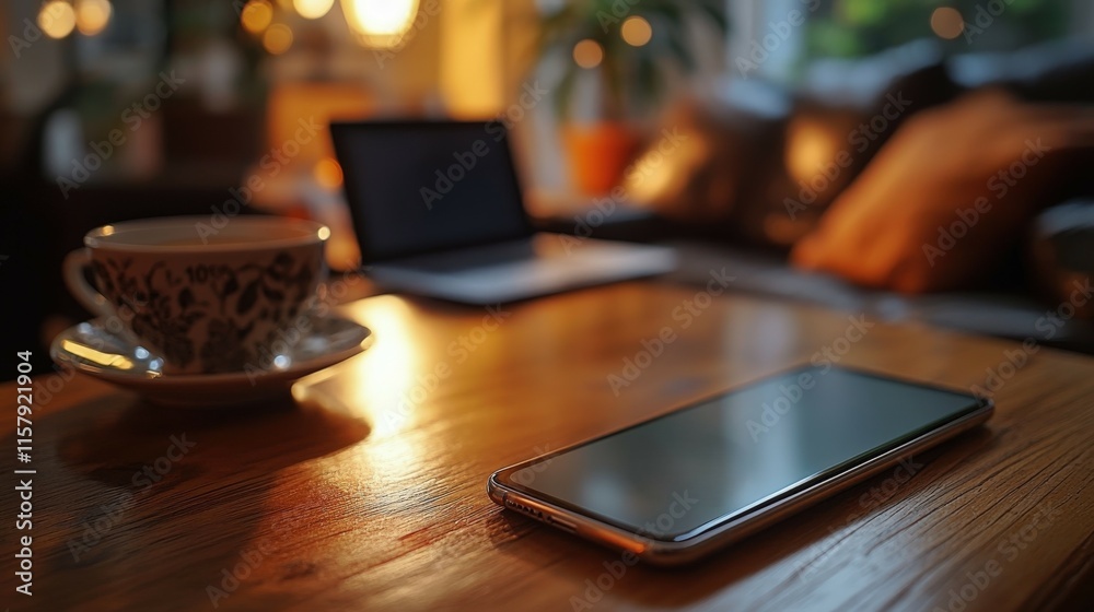 Modern smartphone on coffee table with vibrant battery life and workspace elements Modern smartphone on coffee table with vibrant battery life and workspace elements