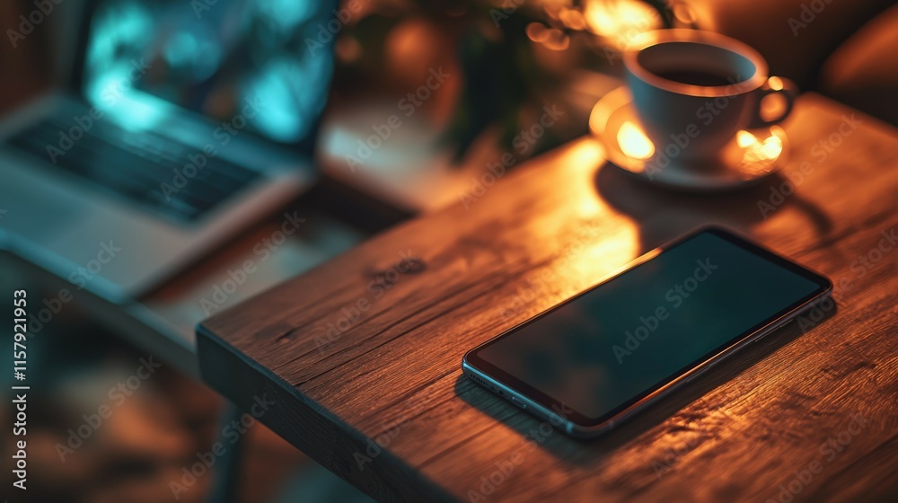 Modern smartphone on wooden table with glowing battery, coffee, and laptop in background