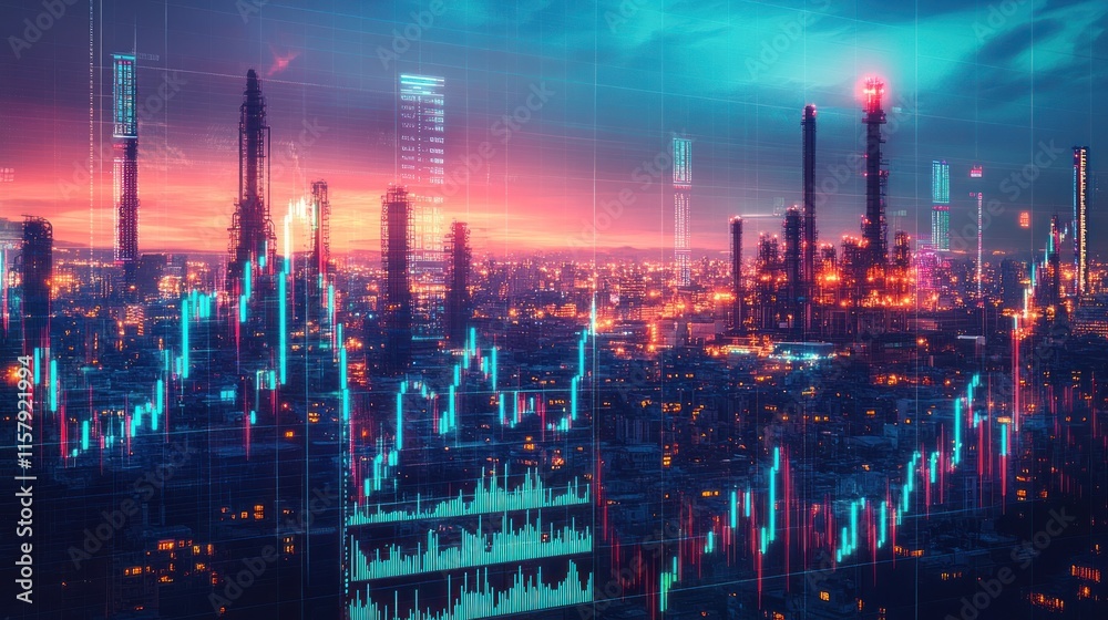 Cityscape at sunset with superimposed stock market graphs. Cityscape at sunset with superimposed stock market graphs.