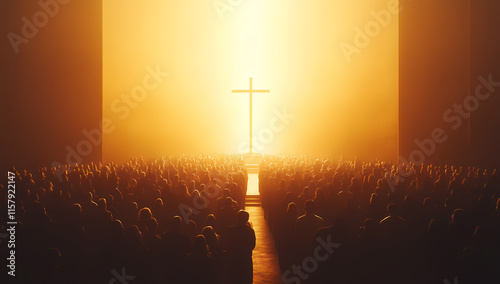 Wallpaper Mural A large crowd in church illuminated by a shining cross Torontodigital.ca