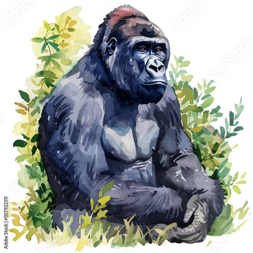 A watercolor vector painting of a gorilla sitting peacefully in the forest, isolated on a white background. Gorilla vector.