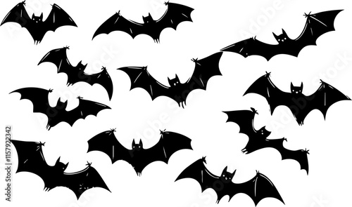 Silhouette of flying bats in various positions on white background.