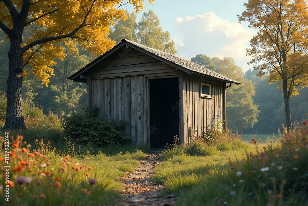 Charming Wooden Shed Surrounded by Autumn Flowers Charming Wooden Shed Surrounded by Autumn Flowers