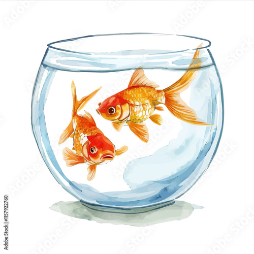 A watercolor vector painting of a goldfish swimming in a bowl, isolated on a white background. Goldfish vector.