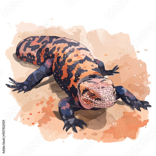 A watercolor vector painting of a gila monster crawling through desert sand, isolated on a white background. Gila monster vector.