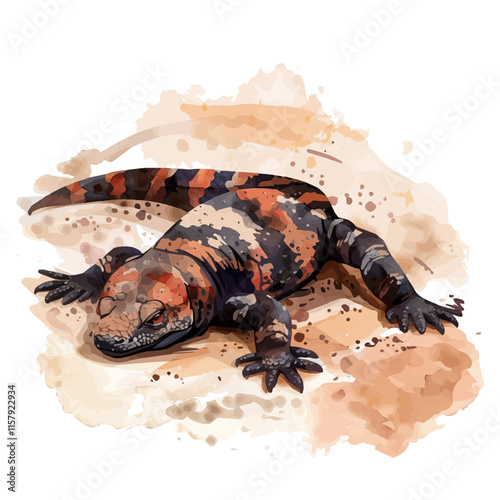 A watercolor vector painting of a gila monster crawling through desert sand, isolated on a white background. Gila monster vector.