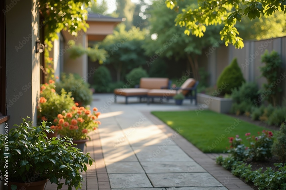 Serene Garden Pathway with Lounge Chairs in Sunny Backyard Serene Garden Pathway with Lounge Chairs in Sunny Backyard