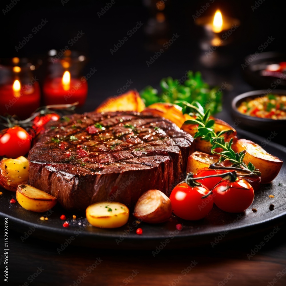 Juicy beef steak with perfect grill marks, accompanied by colorful roasted vegetables and cherry tomatoes, elegantly plated on a dark dish, ideal for restaurant menus and food photography. Juicy beef steak with perfect grill marks, accompanied by colorful roasted vegetables and cherry tomatoes, elegantly plated on a dark dish, ideal for restaurant menus and food photography.