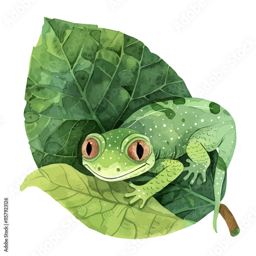 A watercolor vector painting of a gecko hiding under a leaf, isolated on a white background. Gecko vector.