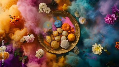 A vibrant Holi celebration scene. Colorful powders explode around a golden plate filled with sweets and flowers, creating a festive and joyful atmosphere. photo