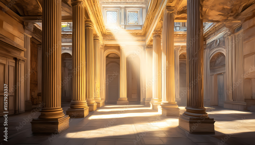 Fototapeta premium Sunlit interior of an ancient Roman palace with arches