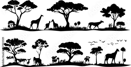 Silhouette illustration of savannah wildlife and trees on a transparent background.