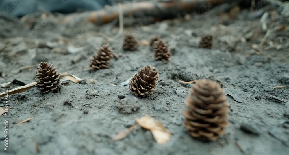 Close-up of pine cones scattered on the ground in a natural setting. Close-up of pine cones scattered on the ground in a natural setting.