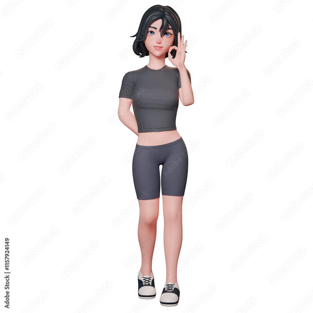 3D illustration of a sporty girl in black. showing ok hand gesture using her right hand. approve pose, Cute cartoon style. 3D illustration of a sporty girl in black. showing ok hand gesture using her right hand. approve pose, Cute cartoon style.