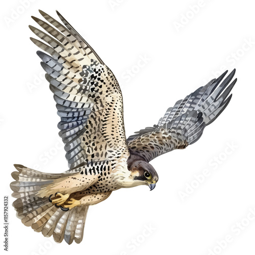 A watercolor vector painting of a falcon diving for prey, isolated on a white background. Falcon vector.