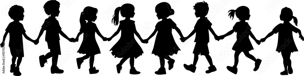 Silhouette of children holding hands in a row, symbolizing unity. Silhouette of children holding hands in a row, symbolizing unity.
