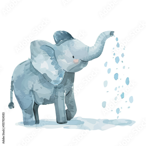 A watercolor vector painting of an elephant spraying water from its trunk, isolated on a white background. Elephant vector.