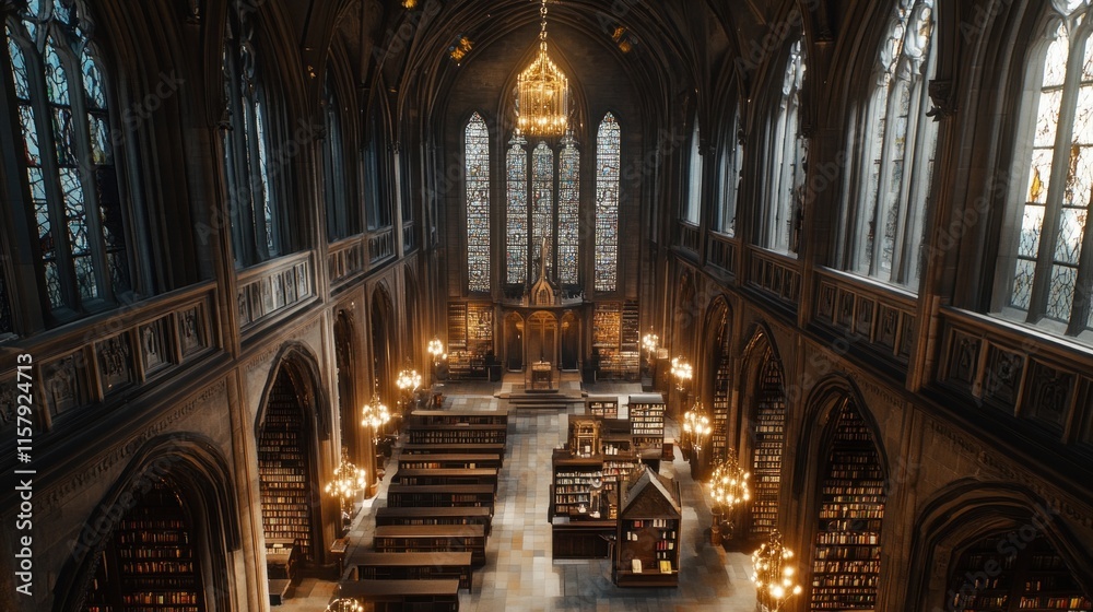 Fototapeta premium Grand Gothic library interior with stained glass and chandeliers.