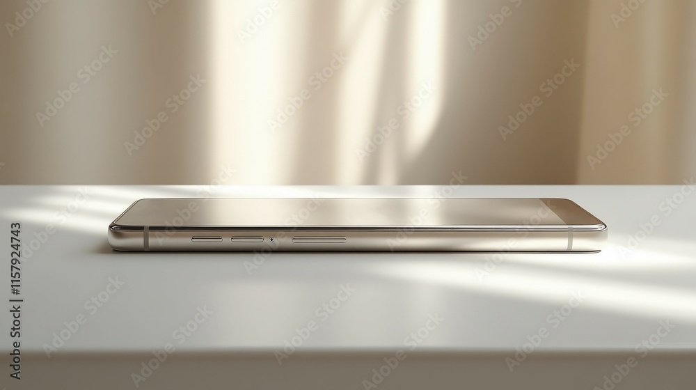 Premium smartphone flat on a white ceramic surface with natural lighting Premium smartphone flat on a white ceramic surface with natural lighting