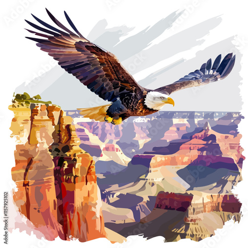 A watercolor vector painting of an eagle soaring above a canyon, isolated on a white background. Eagle vector.