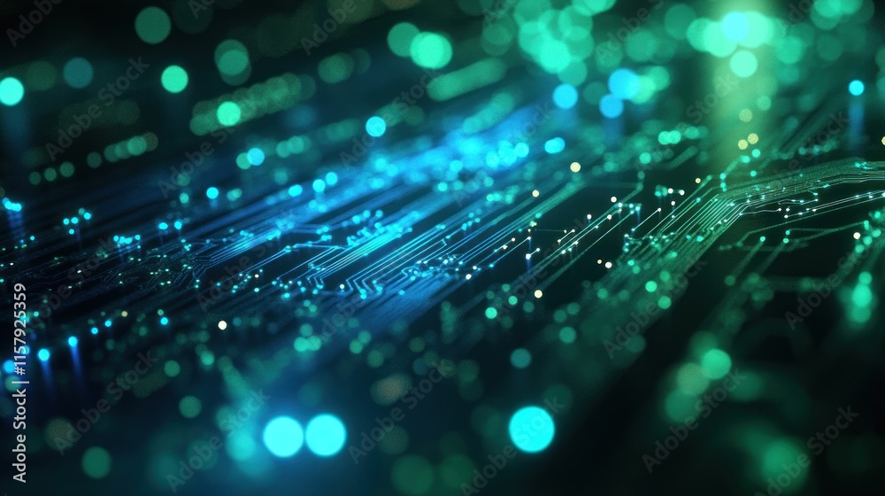 Abstract glowing circuit board with teal and blue nodes. Abstract glowing circuit board with teal and blue nodes.