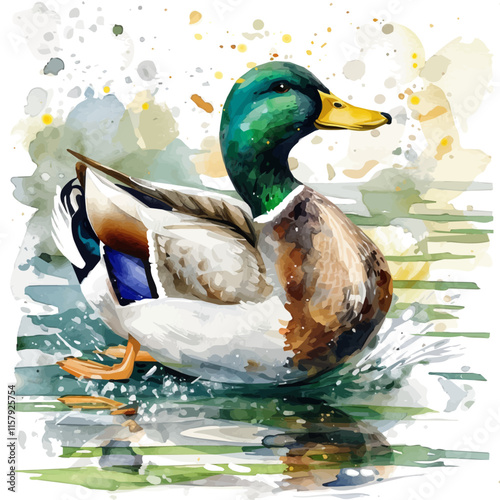 A watercolor vector painting of a duck splashing in a pond, isolated on a white background. Duck vector.