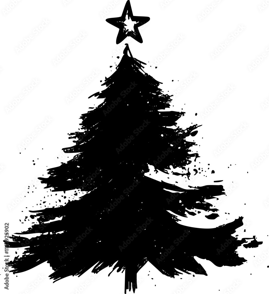 Abstract black ink Christmas tree silhouette with star on top.