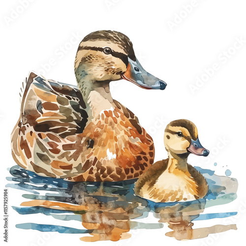 A watercolor vector painting of a duckling swimming with its mother, isolated on a white background. Duckling vector.