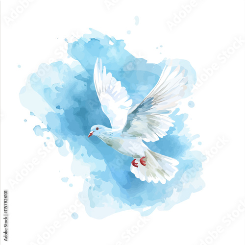 A watercolor vector painting of a dove flying across a clear blue sky, isolated on a white background. Dove vector.