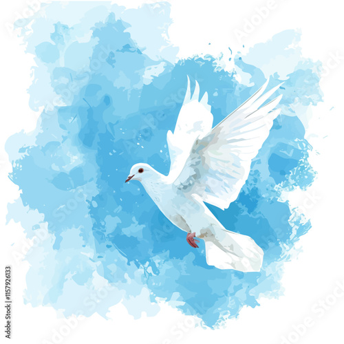 A watercolor vector painting of a dove flying across a clear blue sky, isolated on a white background. Dove vector.