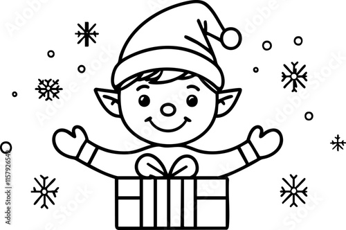 Cartoon elf popping out of a gift box with snowflakes.