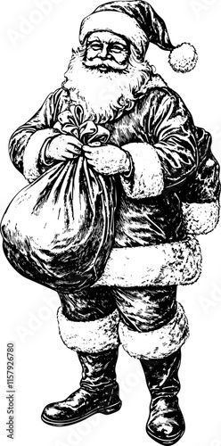 Black and white Santa Claus illustration holding a sack of gifts.