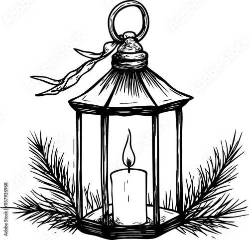 Vintage lantern sketch with candle and pine branches, black and white illustration.