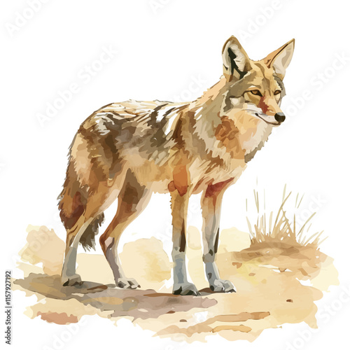 A watercolor vector painting of coyote prowling through the desert, isolated on a white background. Coyote vector.

