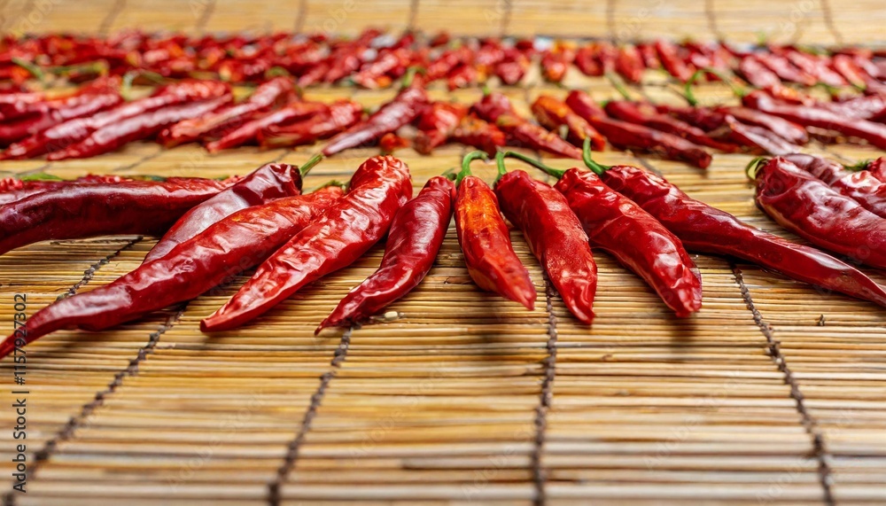 Bright Red Chili Peppers Laid Out to Dry on a Large Bamboo Mat Bright Red Chili Peppers Laid Out to Dry on a Large Bamboo Mat
