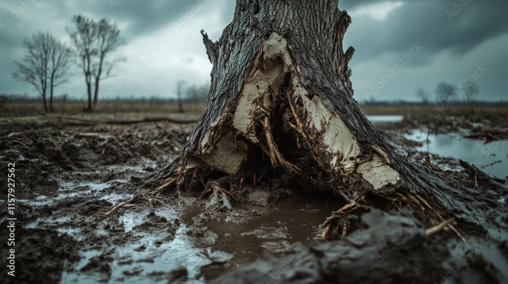Decaying tree stump in muddy field under a cloudy sky. Decaying tree stump in muddy field under a cloudy sky.