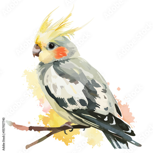 A watercolor vector painting of cockatiel fluffing its feathers, isolated on a white background. Cockatiel vector.

