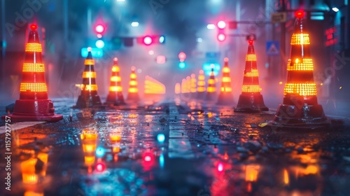 Conceptualize a neon exhibit of road construction symbols, including shining
