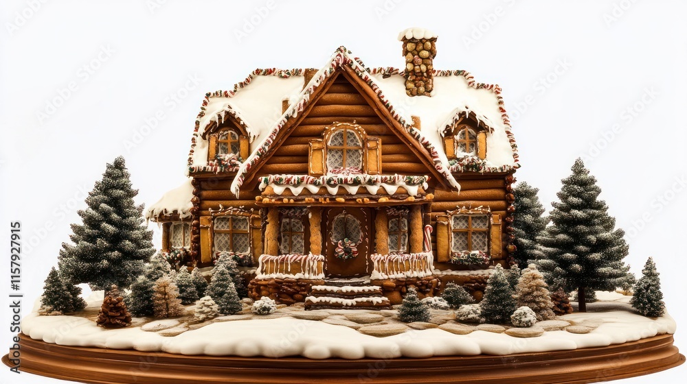 Fototapeta premium Intricate gingerbread house with snowy landscape and trees.