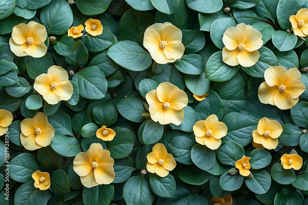 Yellow Flowers Bloom Abundantly Among Lush Green Leaves Yellow Flowers Bloom Abundantly Among Lush Green Leaves