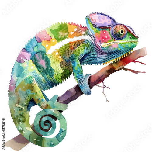 A watercolor vector painting of chameleon, isolated on a white background. Chameleon vector.

