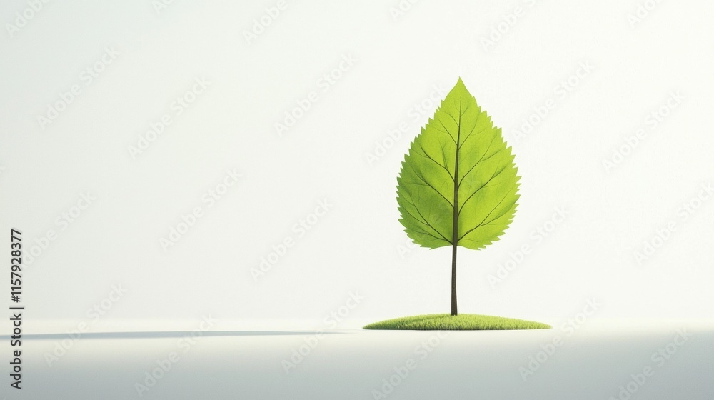 Fototapeta premium Small green leaf tree stands alone on a plain white surface in a minimalist setting representing nature and growth