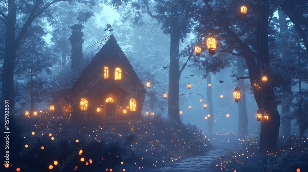 Fototapeta premium Enchanting cottage nestled in a misty, moonlit forest, illuminated by glowing lanterns.